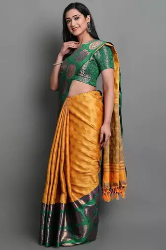 Gold green blended cotton woven zari work saree with blouse