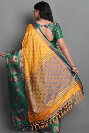 Gold green blended cotton woven zari work saree with blouse