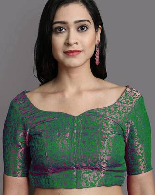 Gold green blended cotton woven zari work saree with blouse 4