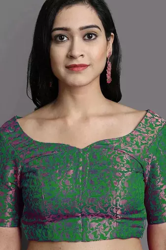 Gold green blended cotton woven zari work saree with blouse
