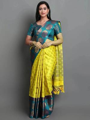 Light green green blended cotton woven zari work saree with blouse 1