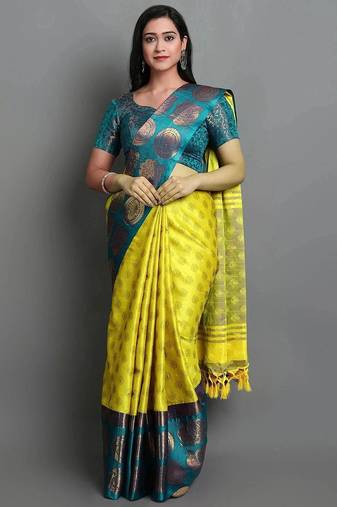 Light green green blended cotton woven zari work saree with blouse