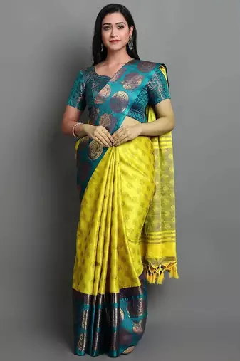 Light green green blended cotton woven zari work saree with blouse