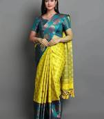 Light green green blended cotton woven zari work saree with blouse