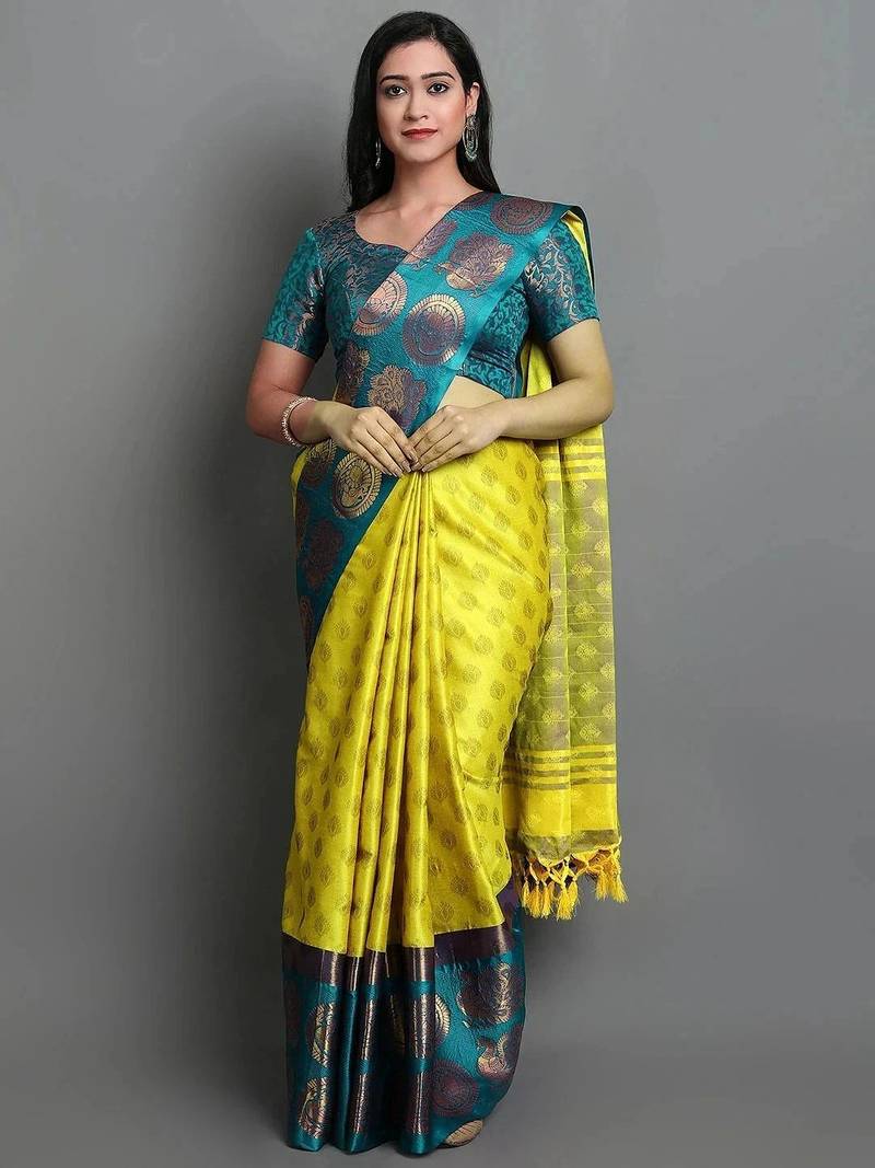 Light green green blended cotton woven zari work saree with blouse
