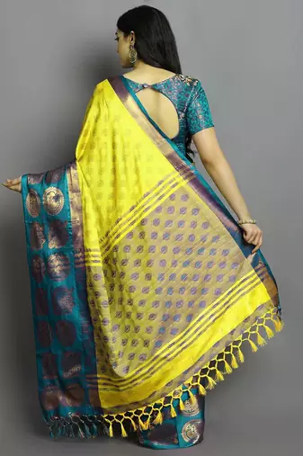 Light green green blended cotton woven zari work saree with blouse