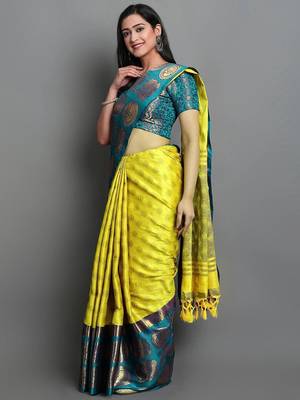 Light green green blended cotton woven zari work saree with blouse 3