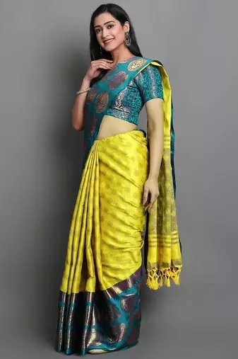 Light green green blended cotton woven zari work saree with blouse