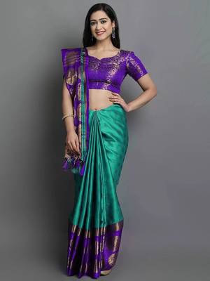 Light blue purple blended cotton woven zari work saree with blouse 1