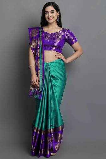 Light blue purple blended cotton woven zari work saree with blouse