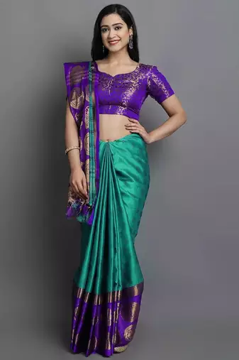 Light blue purple blended cotton woven zari work saree with blouse