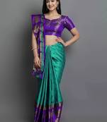 Light blue purple blended cotton woven zari work saree with blouse