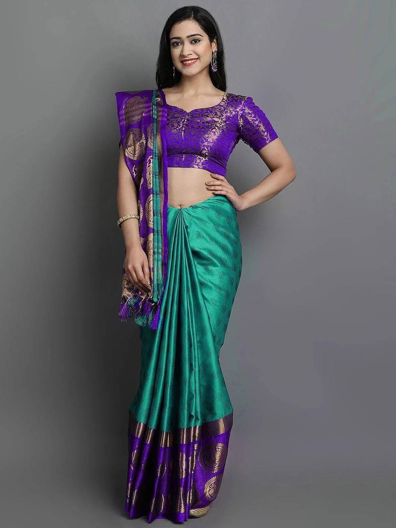 Light blue purple blended cotton woven zari work saree with blouse