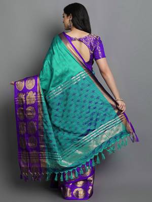Light blue purple blended cotton woven zari work saree with blouse 2