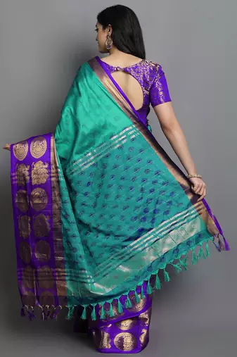 Light blue purple blended cotton woven zari work saree with blouse