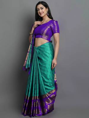 Light blue purple blended cotton woven zari work saree with blouse 3