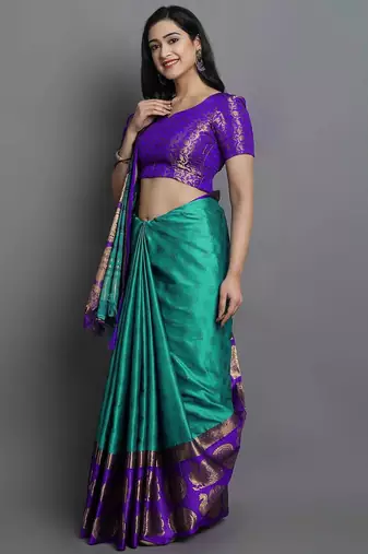 Light blue purple blended cotton woven zari work saree with blouse
