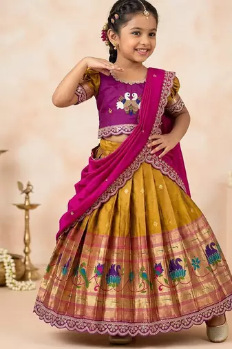 Kids paithani simmer silk zari weaving pavadai lehenga choli set