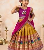 Kids paithani simmer silk zari weaving pavadai lehenga choli set