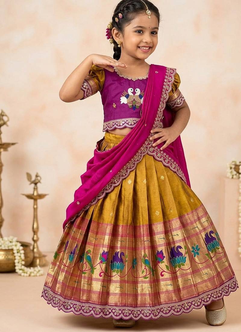 Kids paithani simmer silk zari weaving pavadai lehenga choli set