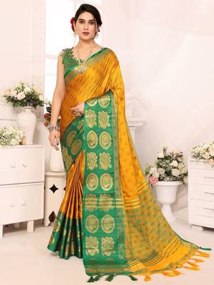 Gold green blended cotton woven zari work saree with blouse 1