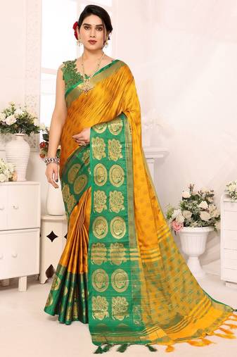 Gold green blended cotton woven zari work saree with blouse