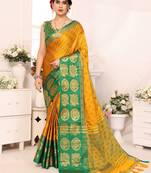 Gold green blended cotton woven zari work saree with blouse