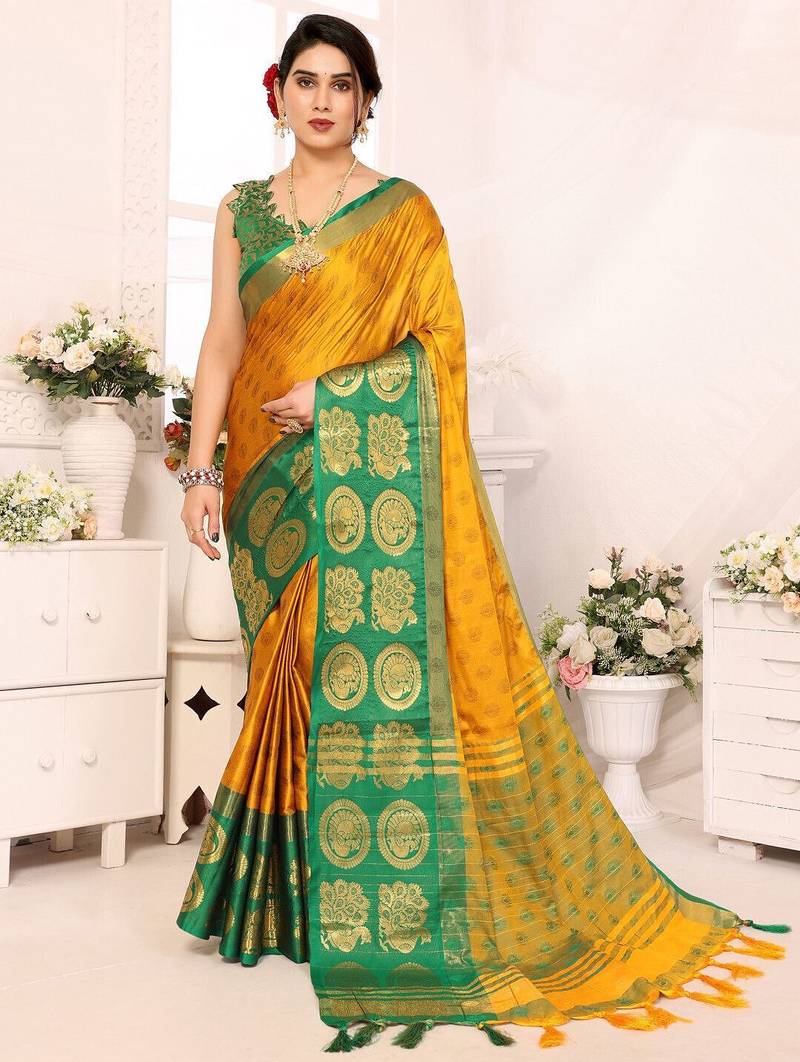 Gold green blended cotton woven zari work saree with blouse