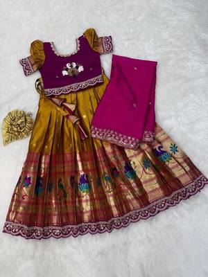Kids paithani simmer silk zari weaving pavadai lehenga choli set 2