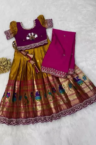 Kids paithani simmer silk zari weaving pavadai lehenga choli set