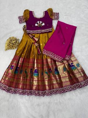 Kids paithani simmer silk zari weaving pavadai lehenga choli set 3