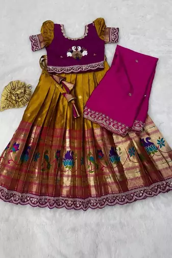Kids paithani simmer silk zari weaving pavadai lehenga choli set