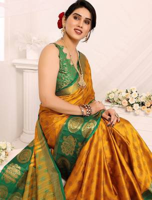 Gold green blended cotton woven zari work saree with blouse 2