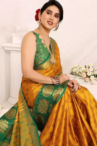 Gold green blended cotton woven zari work saree with blouse