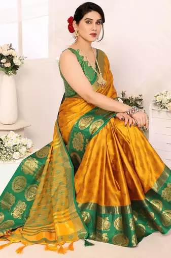 Gold green blended cotton woven zari work saree with blouse