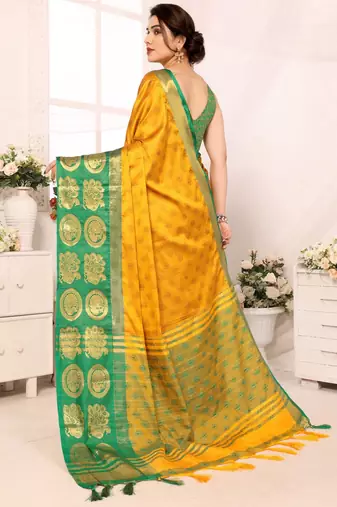 Gold green blended cotton woven zari work saree with blouse