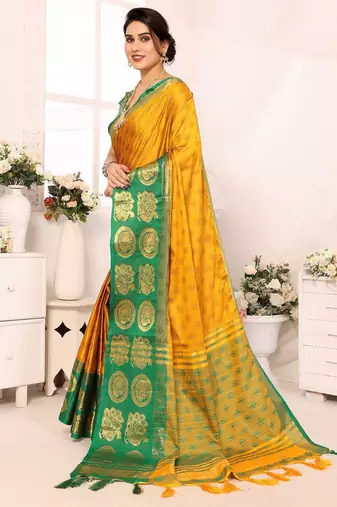 Gold green blended cotton woven zari work saree with blouse