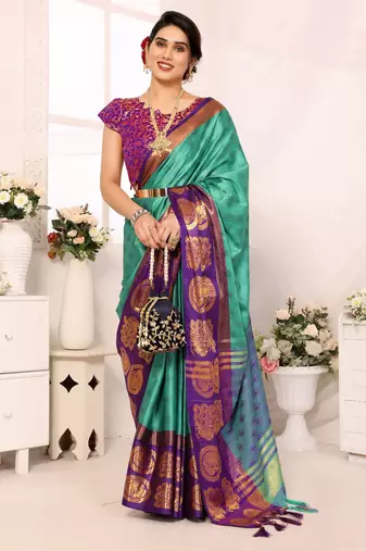 Light blue blended cotton woven zari work saree with blouse