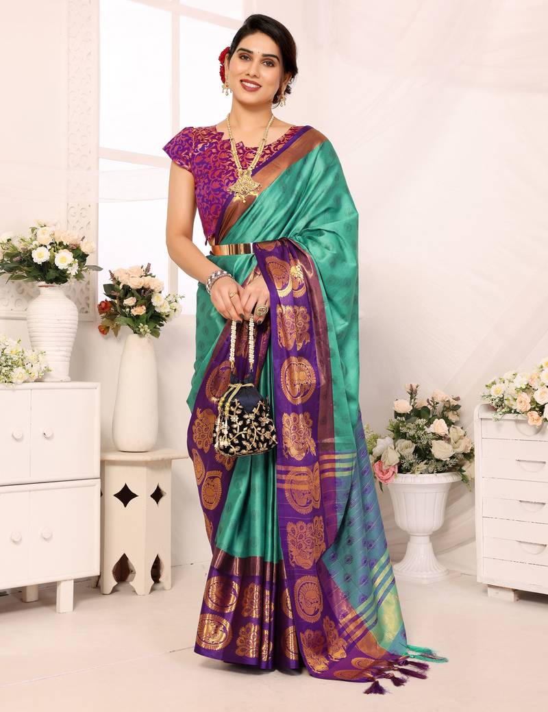 Light blue blended cotton woven zari work saree with blouse