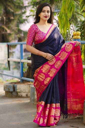 Dark blue blended cotton woven zari work saree with blouse