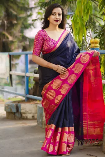Dark blue blended cotton woven zari work saree with blouse