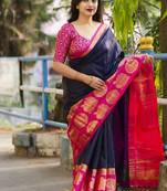 Dark blue blended cotton woven zari work saree with blouse