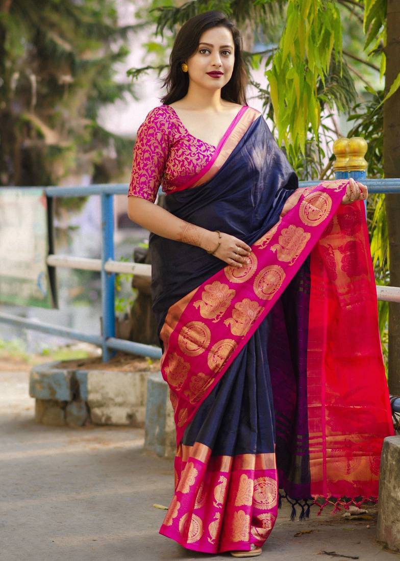 Dark blue blended cotton woven zari work saree with blouse