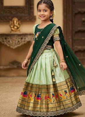 Kids paithani simmer silk zari weaving pavadai lehenga choli set 1