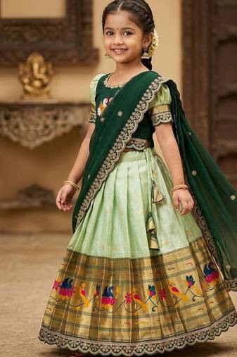 Kids paithani simmer silk zari weaving pavadai lehenga choli set