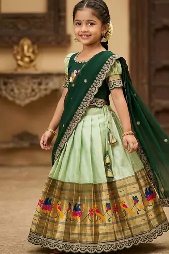 Kids paithani simmer silk zari weaving pavadai lehenga choli set