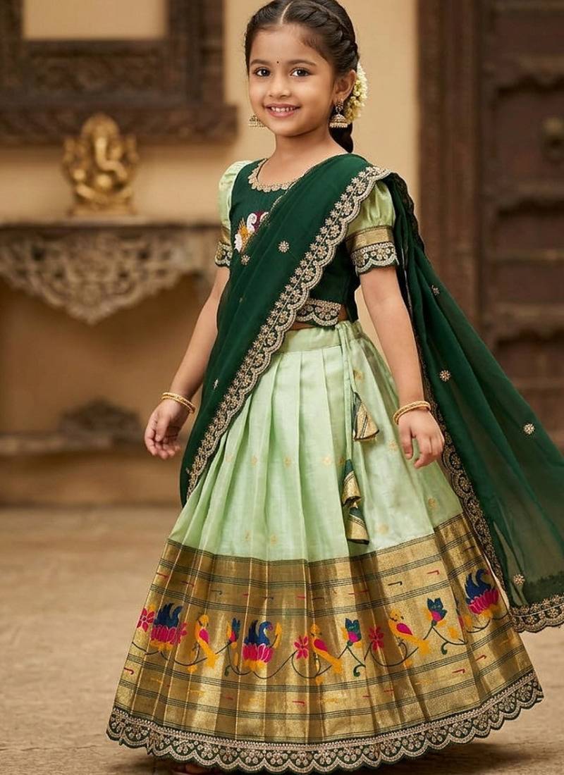Kids paithani simmer silk zari weaving pavadai lehenga choli set