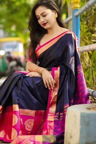 Dark blue blended cotton woven zari work saree with blouse