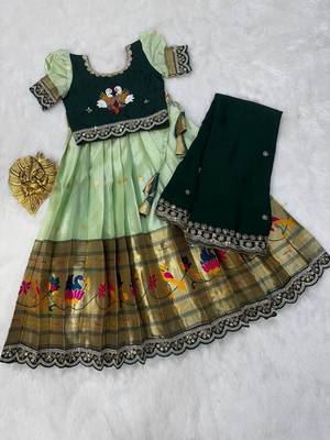 Kids paithani simmer silk zari weaving pavadai lehenga choli set 2
