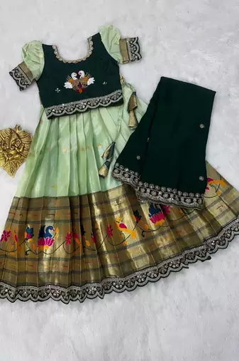 Kids paithani simmer silk zari weaving pavadai lehenga choli set
